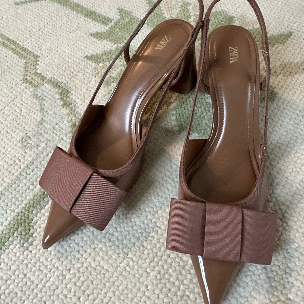 Zara Brown Pointed Toe Slingback Heels with Bow